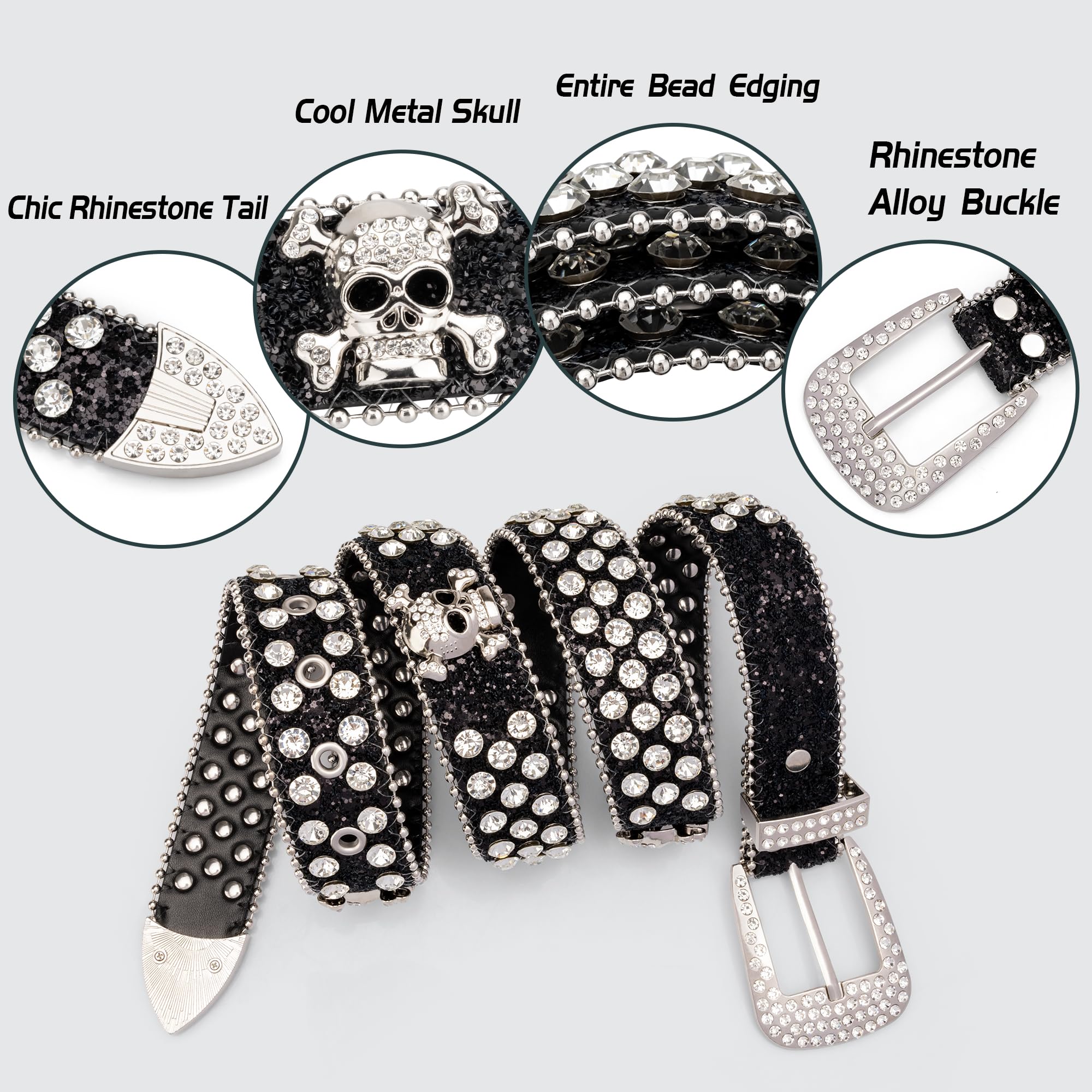 macoking Black Rhinestone Belt Men Women, Bling Skull Belt Vintage Studded Belt Cowboys M