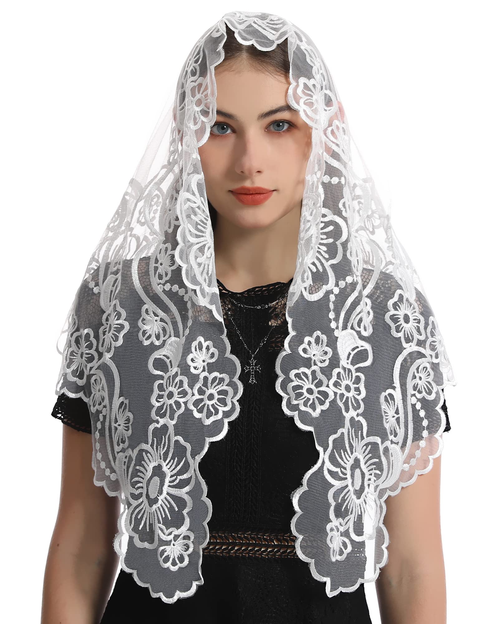 Bozidol Triangle Lace Chapel Veils - Madonna Camellia Embroidered Head Covering for women