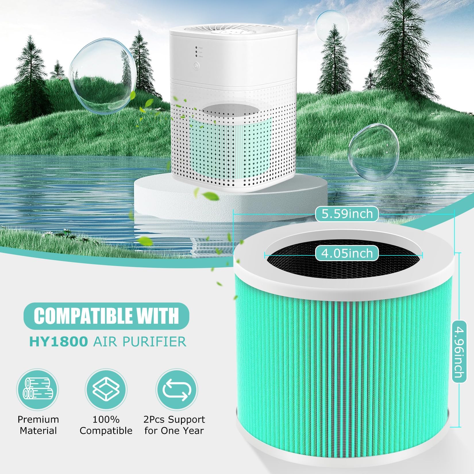 HY1800 H13 True HEPA Replacement Filter Compatible with MORENTO/CHIVALZ/Loytio/AYAFATO/Honeyuan/IOIOW HY1800 Air Purifier, 3-in-1 Filtration System HEPA Activated Carbon HY1800 Filter 2 Pack