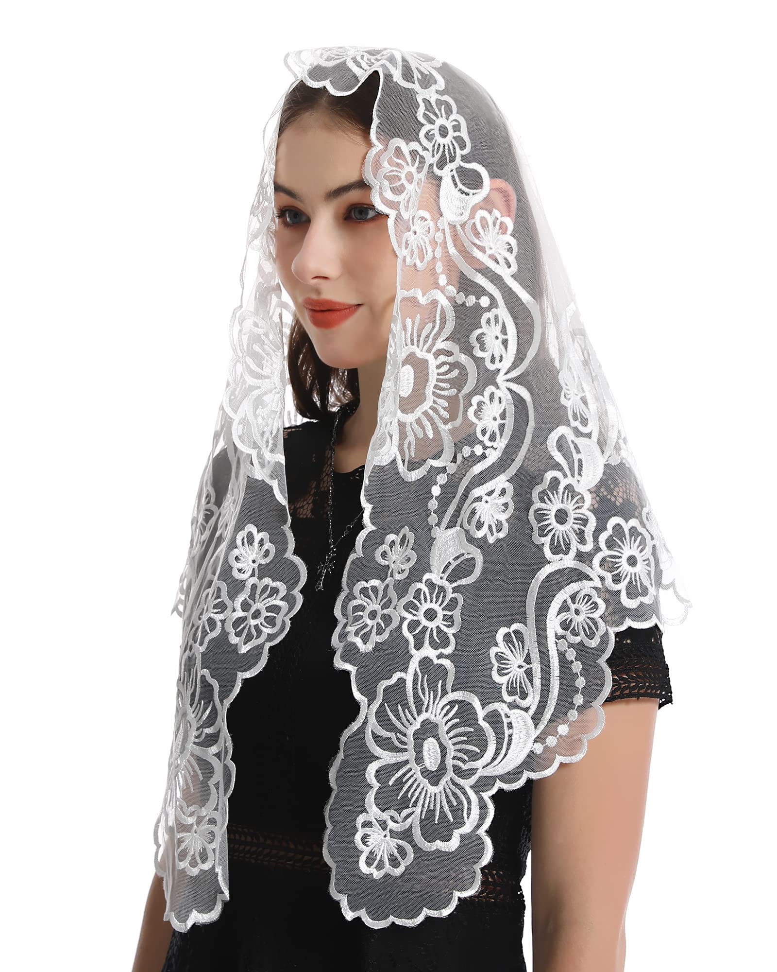 Bozidol Triangle Lace Chapel Veils - Madonna Camellia Embroidered Head Covering for women