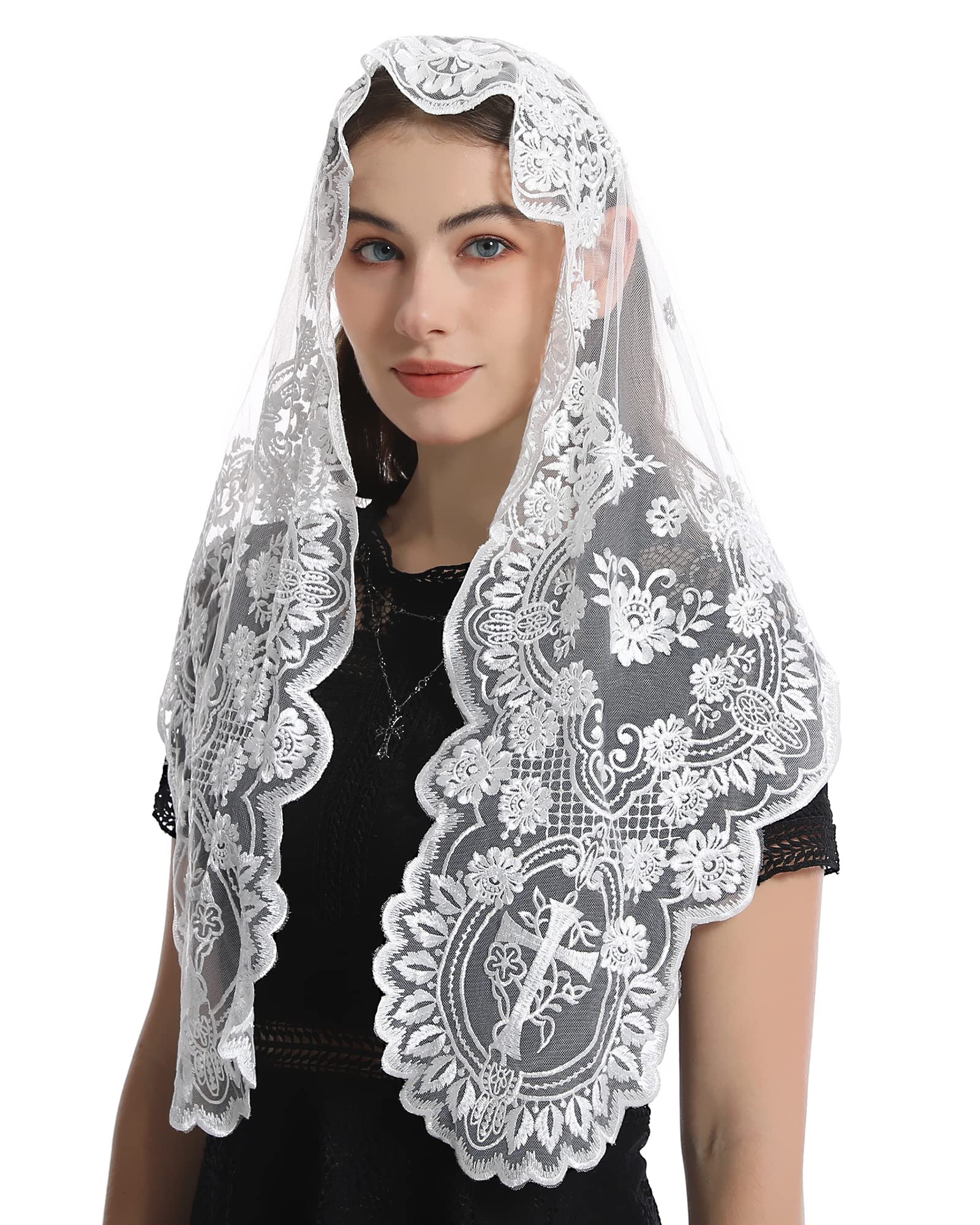 Bozidol Church Triangular Head covering - Cross Chalice Embroidered Vintage Church Veil for Women