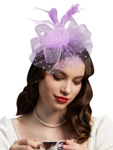 cizoe fascinators hat for women tea party hat kentucky derby wedding flower cocktail mesh feathers headpiece(1-lavender)