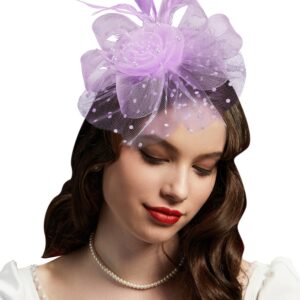 Cizoe Fascinators Hat for Women Tea Party Hat Kentucky Derby Wedding Flower Cocktail Mesh Feathers Headpiece(1-Lavender)