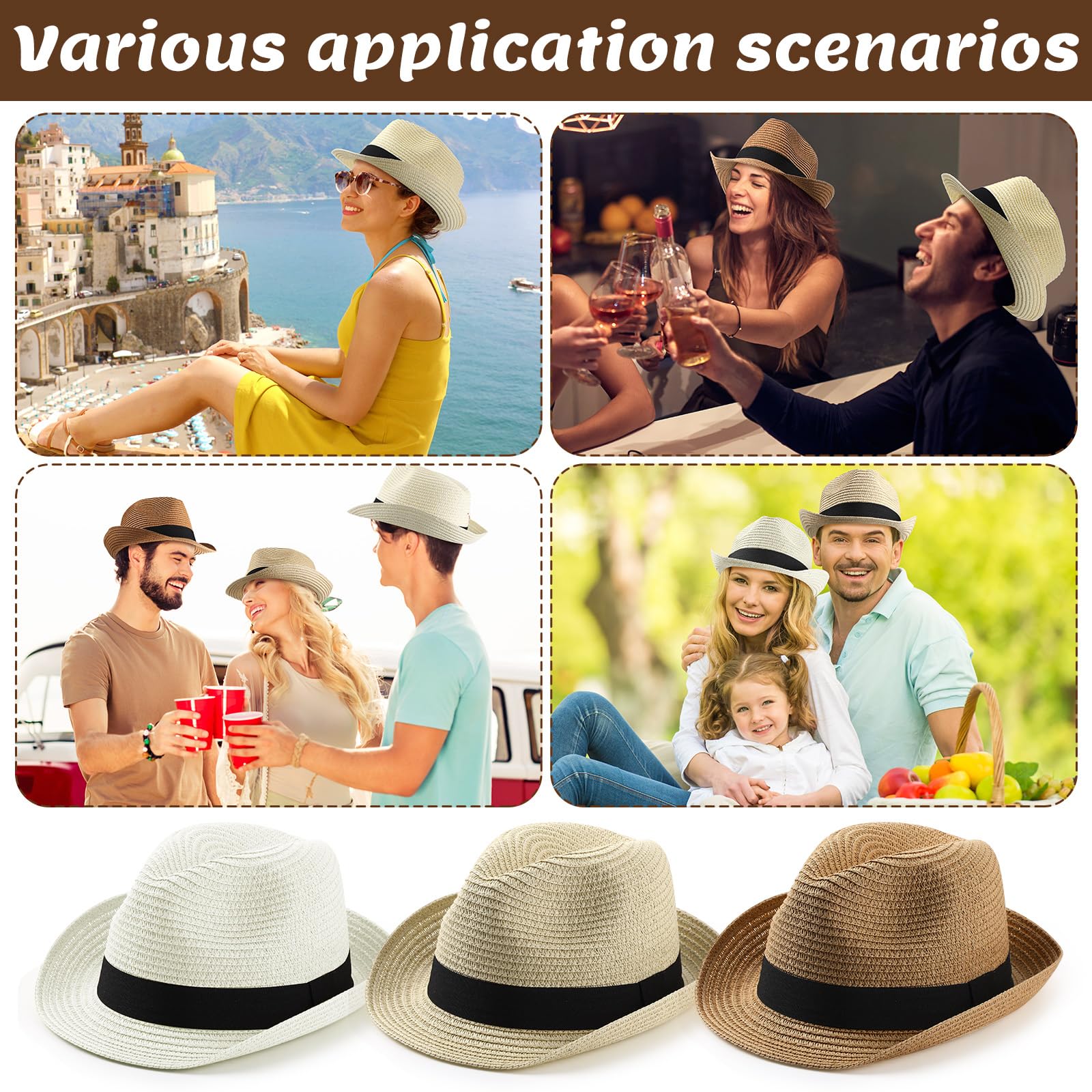 Jeyiour 24 Pcs Women Straw Hat Bulk Panama Hat Men Short Brim Packable Sun Trilby Hat Summer Hats Foldable Straw Beach Hat for Women Men Vacation, Khaki Beige and White