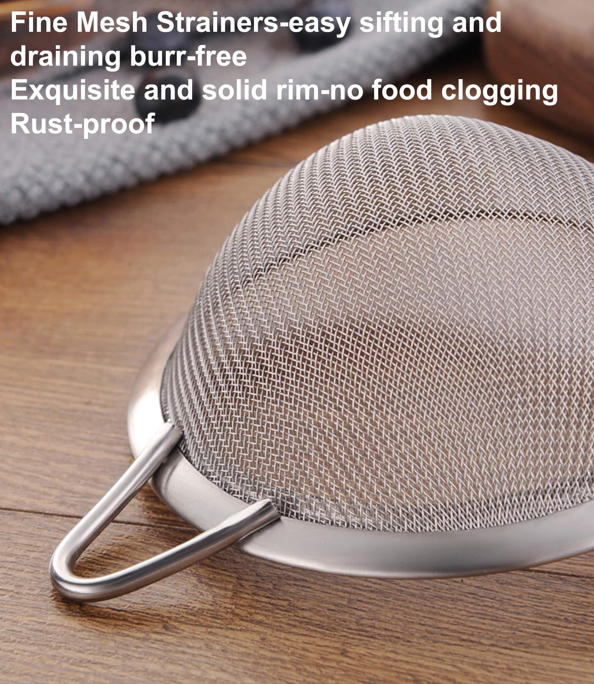 Adjaso 3.3inch 304 Stainless Steel Fine Mesh Strainer for Kitchen, Colander-Skimmer with Handle, Metal Sieves Sifters