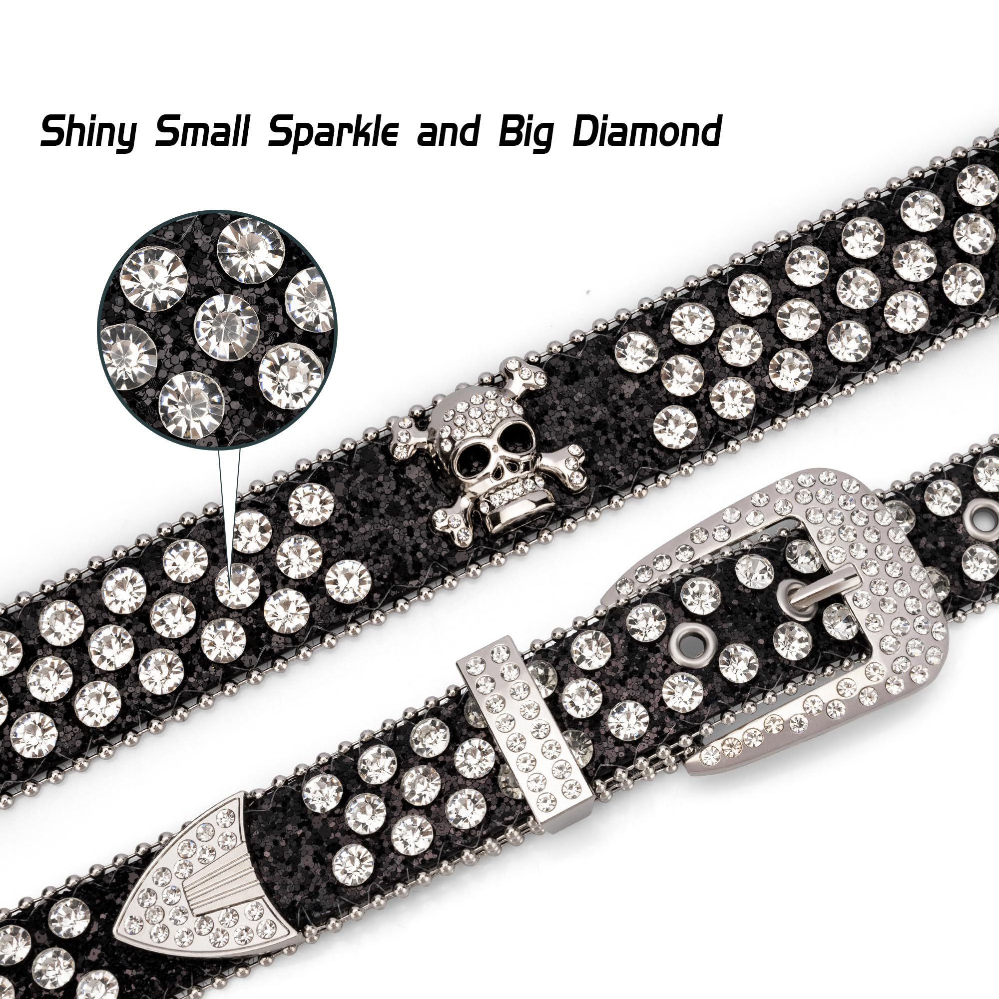 macoking Black Rhinestone Belt Men Women, Bling Skull Belt Vintage Studded Belt Cowboys M