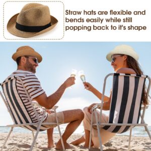 Jeyiour 24 Pcs Women Straw Hat Bulk Panama Hat Men Short Brim Packable Sun Trilby Hat Summer Hats Foldable Straw Beach Hat for Women Men Vacation, Khaki Beige and White