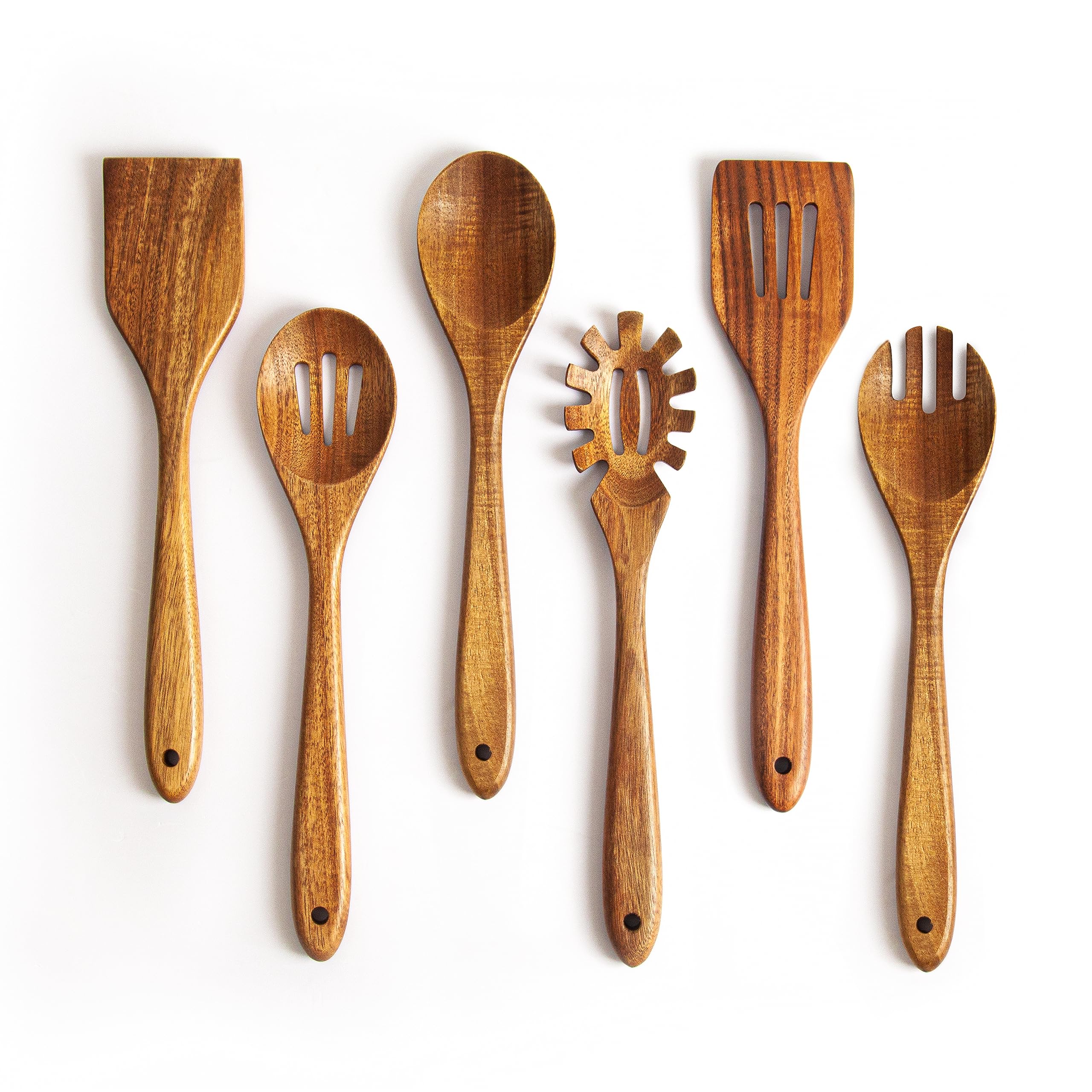 Wooden Spoons for Cooking - 6 Piece Non Stick Wooden Spoon Set - Natural Wood Kitchen Utensils - Wooden Spoons, Spatula Set, Slotted Spoon & Pasta Spoon - Handmade Acacia Wooden Spoon Set