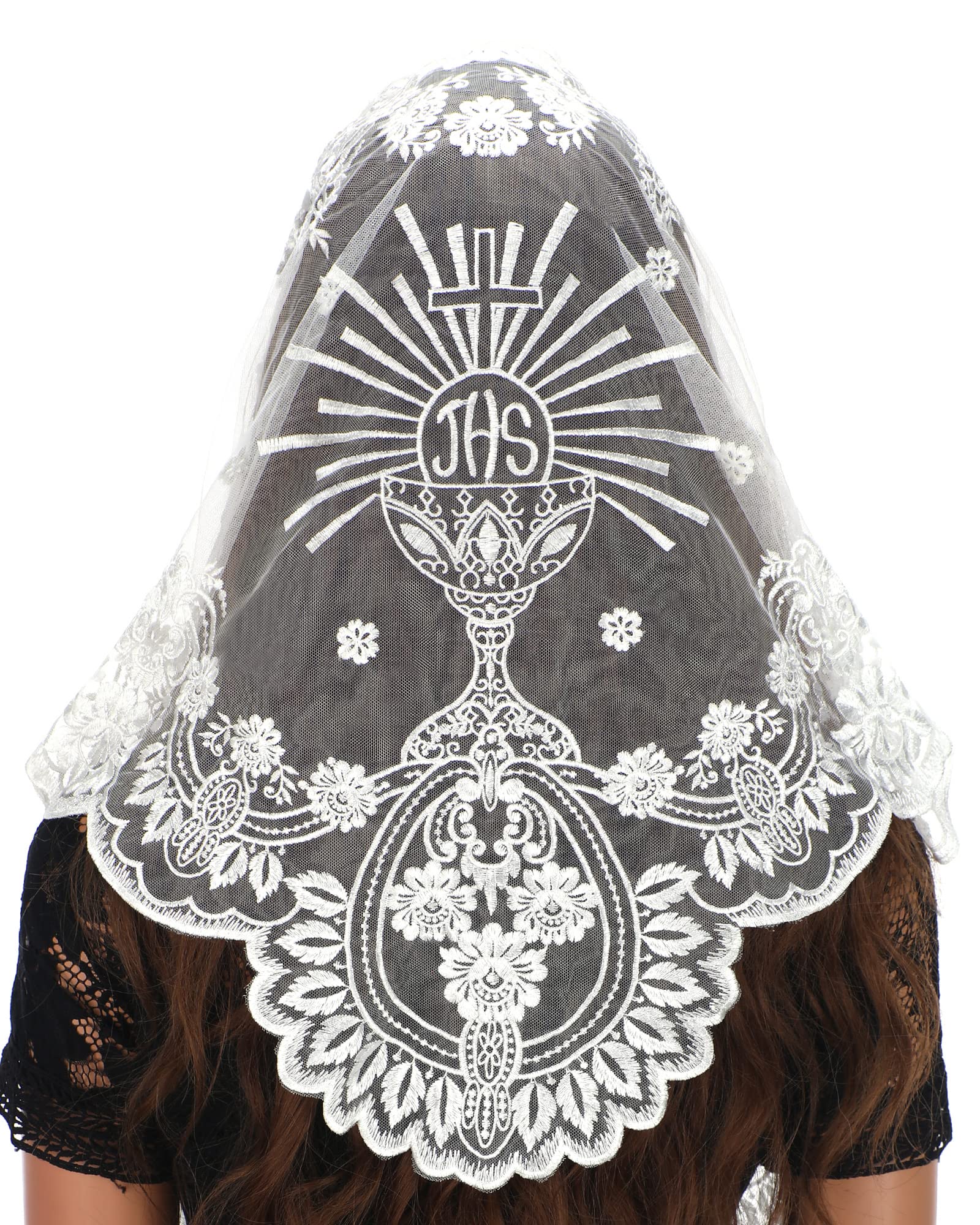 Bozidol Church Triangular Head covering - Cross Chalice Embroidered Vintage Church Veil for Women