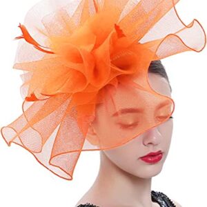 ELLYDOOR Fascinator Derby Hats for Women Large Mesh Veil Fascinator Headband Church Tea Party Pillbox Hat Orange