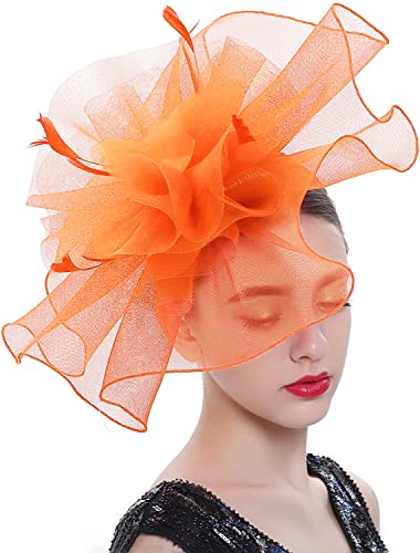 ELLYDOOR Fascinator Derby Hats for Women Large Mesh Veil Fascinator Headband Church Tea Party Pillbox Hat Orange