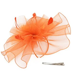 ELLYDOOR Fascinator Derby Hats for Women Large Mesh Veil Fascinator Headband Church Tea Party Pillbox Hat Orange