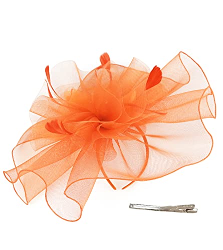 ELLYDOOR Fascinator Derby Hats for Women Large Mesh Veil Fascinator Headband Church Tea Party Pillbox Hat Orange