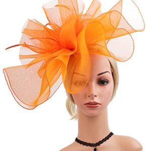 ELLYDOOR Fascinator Derby Hats for Women Large Mesh Veil Fascinator Headband Church Tea Party Pillbox Hat Orange