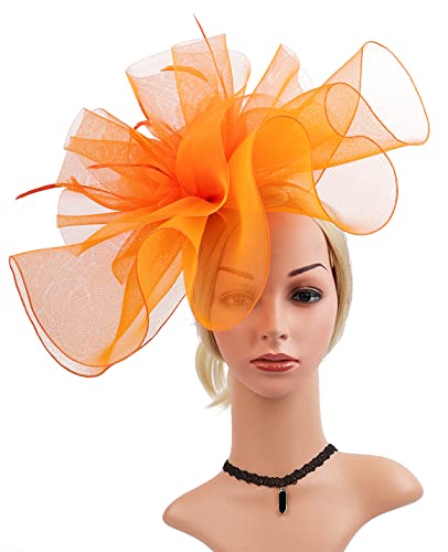 ELLYDOOR Fascinator Derby Hats for Women Large Mesh Veil Fascinator Headband Church Tea Party Pillbox Hat Orange