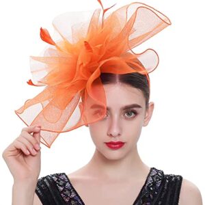 ELLYDOOR Fascinator Derby Hats for Women Large Mesh Veil Fascinator Headband Church Tea Party Pillbox Hat Orange