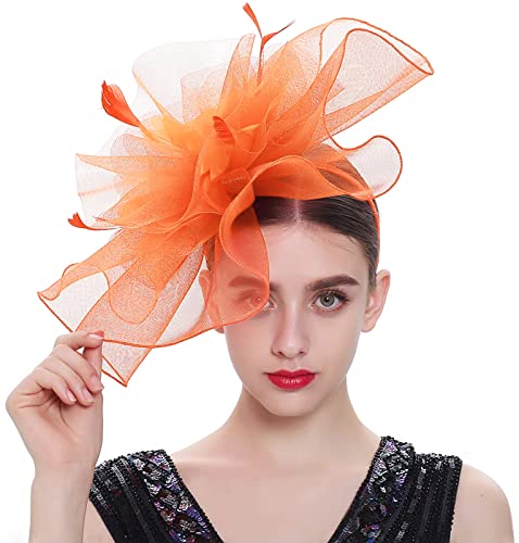 ELLYDOOR Fascinator Derby Hats for Women Large Mesh Veil Fascinator Headband Church Tea Party Pillbox Hat Orange