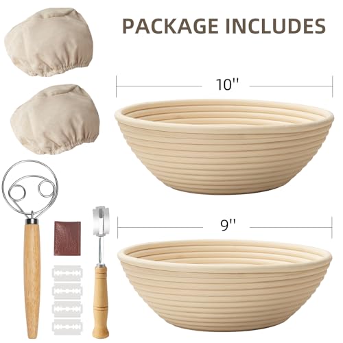 Bread Proofing Basket, Kikcoin Banneton Bread Proofing Basket Set of 2, 9 Inch & 10 Inch Round Sourdough Proofing Basket with Linen Liner, Bread Lame