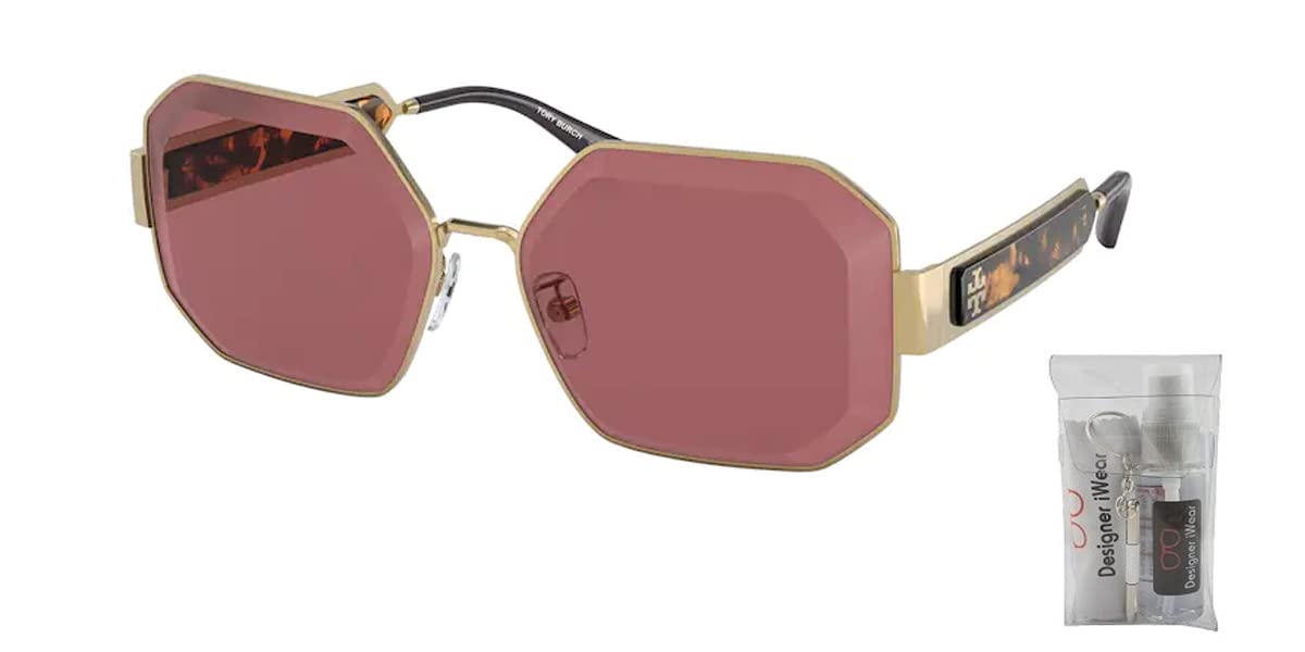 Tory Burch TY6094 330475 60MM Shiny Gold/Plastic Lens Solid Bordeaux Metal Hexagon Sunglasses for Women + BUNDLE With Designer iWear Eyewear Kit