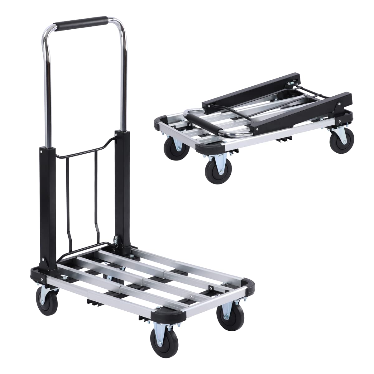 UPGRADED Foldable Dolly Hand Truck Utility Cart Wagon - Collapsible Compact Portable Lightweight & Adjustable – Extra Large Heavy Duty Aluminum Cart for Luggage Moving Warehouse Office