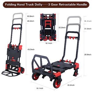 2-in-1 Folding Hand Truck Dolly 330LB Load Carrying,Hand Truck Foldable Dolly with Retractable Handle and 4 Rubber Wheels,Portable Folding Hand Cart for Luggage/Travel/Office