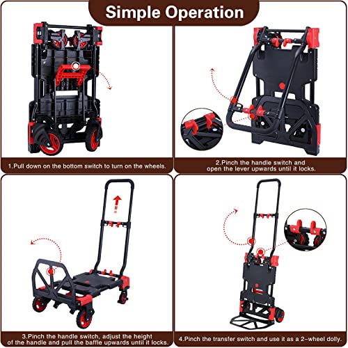 2-in-1 Folding Hand Truck Dolly 330LB Load Carrying,Hand Truck Foldable Dolly with Retractable Handle and 4 Rubber Wheels,Portable Folding Hand Cart for Luggage/Travel/Office