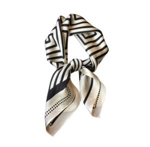 jerla 100% pure mulberry silk square scarf for hair-26''x26'' women men natural silk neckerchief headscarf (cream white and black geometry stripe)