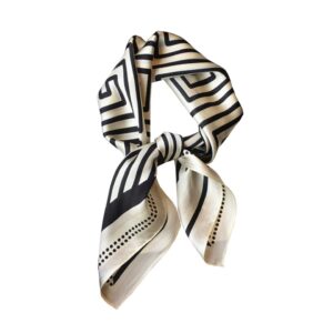 JERLA 100% Pure Mulberry Silk Square Scarf for Hair-26''x26'' Women Men Natural Silk Neckerchief Headscarf (Cream white and black geometry stripe)