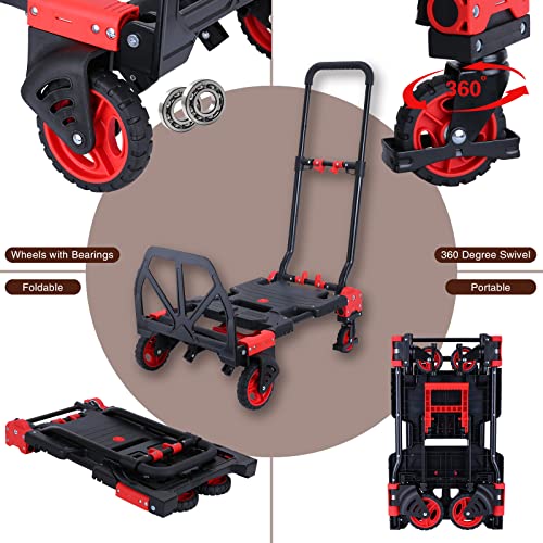 2-in-1 Folding Hand Truck Dolly 330LB Load Carrying,Hand Truck Foldable Dolly with Retractable Handle and 4 Rubber Wheels,Portable Folding Hand Cart for Luggage/Travel/Office