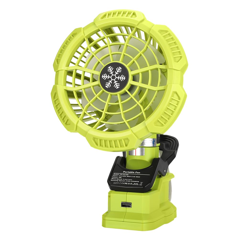 WaxPar For Ryobi 18-Volt Personal Battery Powered Clip Fan, Cordless Clamp Fan with USB Port Compatible with Ryobi 18V one+ Li-Ion Battery, 3 Speed Settings, Clamping Capacity, Adjustable Head