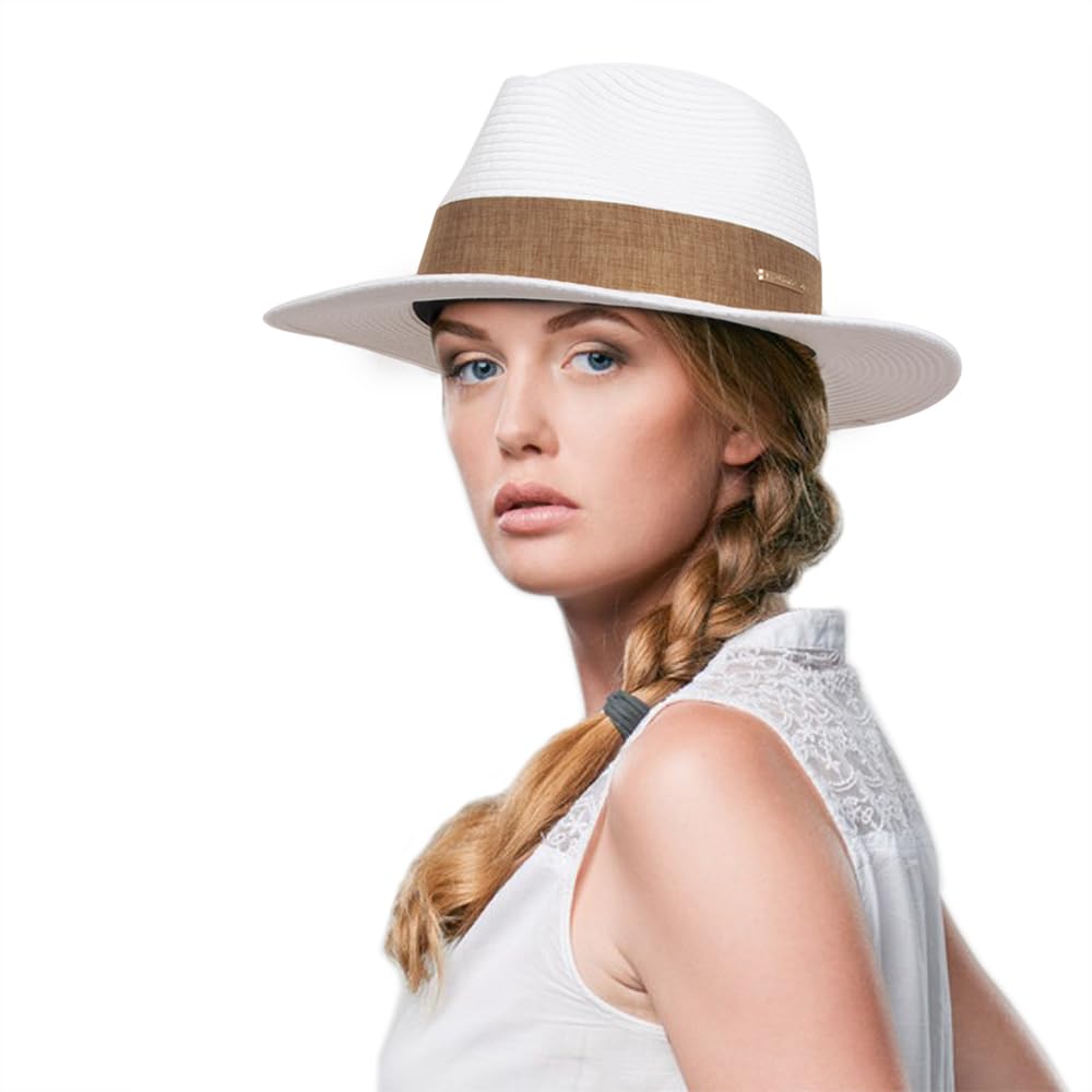 Cmprvgd Women Panama Sun Straw Hat Fedora Travel Wide Brim Packable Summer Beach Hats UPF 50+ White