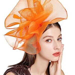 ELLYDOOR Fascinator Derby Hats for Women Large Mesh Veil Fascinator Headband Church Tea Party Pillbox Hat Orange