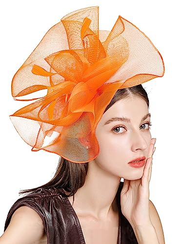 ELLYDOOR Fascinator Derby Hats for Women Large Mesh Veil Fascinator Headband Church Tea Party Pillbox Hat Orange