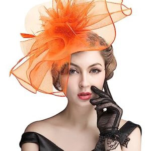 ELLYDOOR Fascinator Derby Hats for Women Large Mesh Veil Fascinator Headband Church Tea Party Pillbox Hat Orange