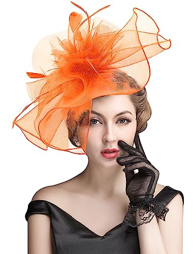 ELLYDOOR Fascinator Derby Hats for Women Large Mesh Veil Fascinator Headband Church Tea Party Pillbox Hat Orange