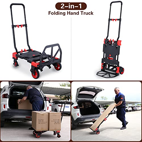 2-in-1 Folding Hand Truck Dolly 330LB Load Carrying,Hand Truck Foldable Dolly with Retractable Handle and 4 Rubber Wheels,Portable Folding Hand Cart for Luggage/Travel/Office