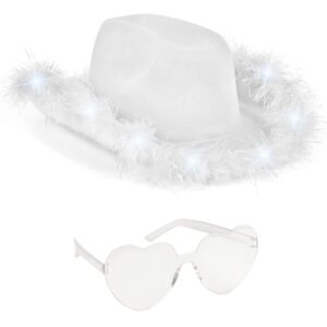 funcredible white cowboy hat and glasses - light up cowgirl hat for girls - cowboy hat with feathers - taylor costume - halloween hats for women