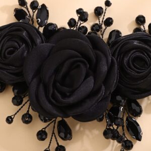 Teyglen Bridal Wedding Headband Black Flower Headband Floral Crystal Hair Pieces Handmade Black Rhinestone Headpiece Hair Accessories for Women Bride Girls