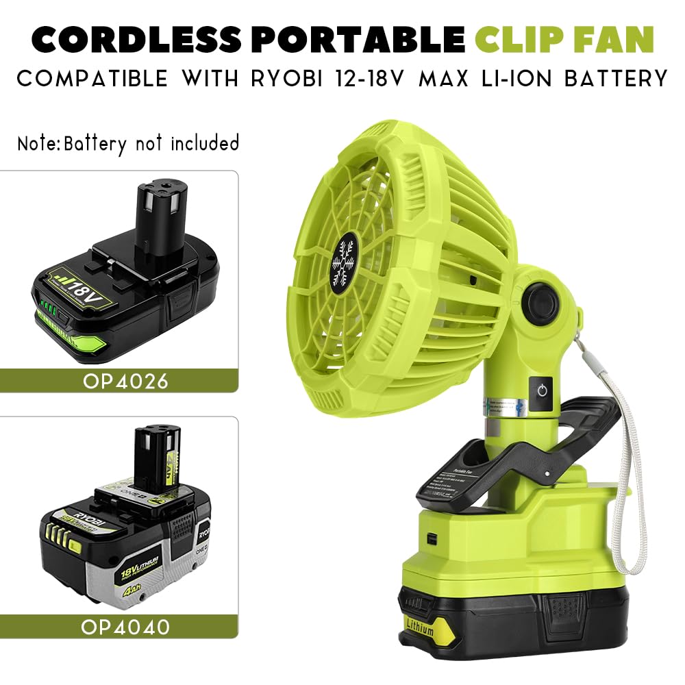 WaxPar For Ryobi 18-Volt Personal Battery Powered Clip Fan, Cordless Clamp Fan with USB Port Compatible with Ryobi 18V one+ Li-Ion Battery, 3 Speed Settings, Clamping Capacity, Adjustable Head