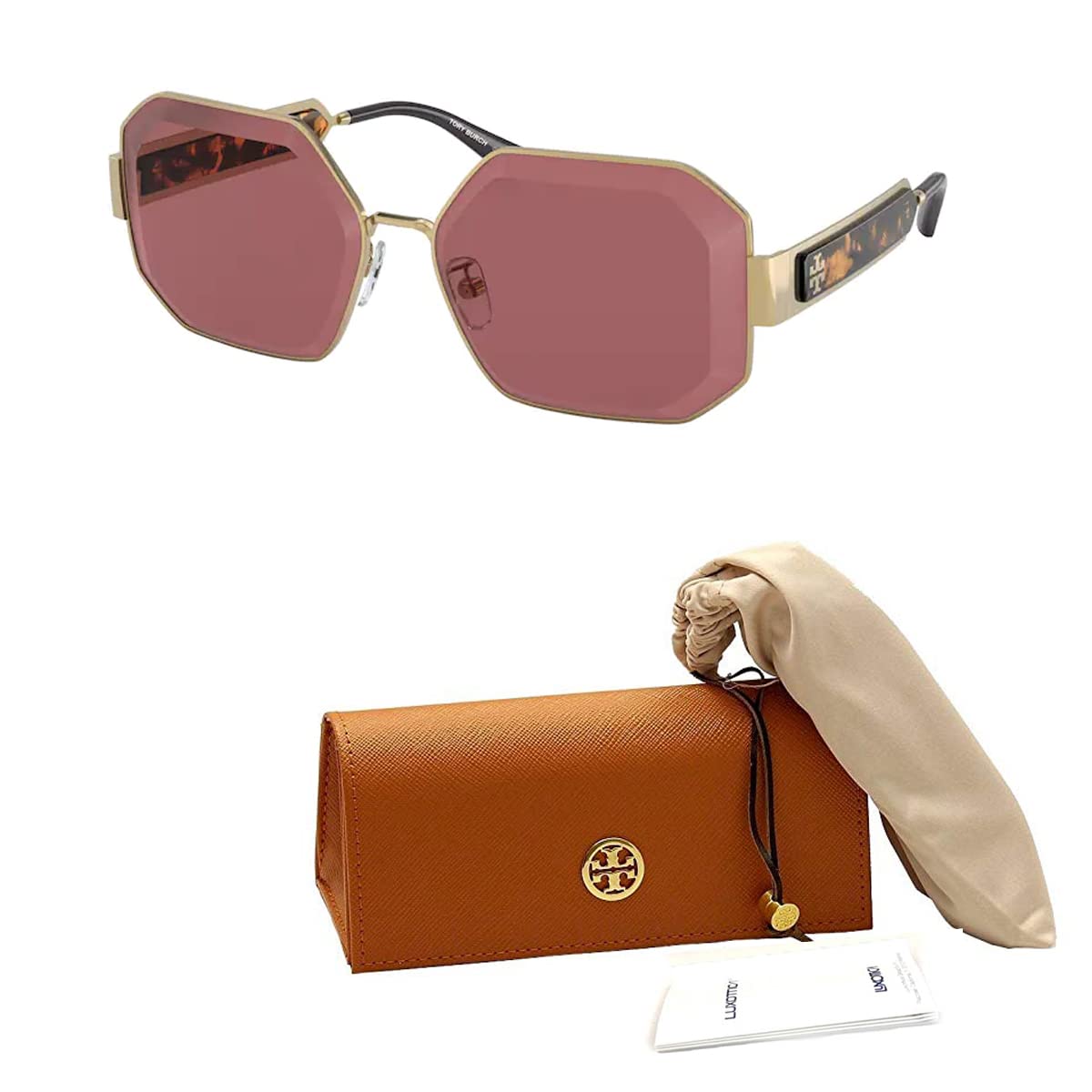 Tory Burch TY6094 330475 60MM Shiny Gold/Plastic Lens Solid Bordeaux Metal Hexagon Sunglasses for Women + BUNDLE With Designer iWear Eyewear Kit