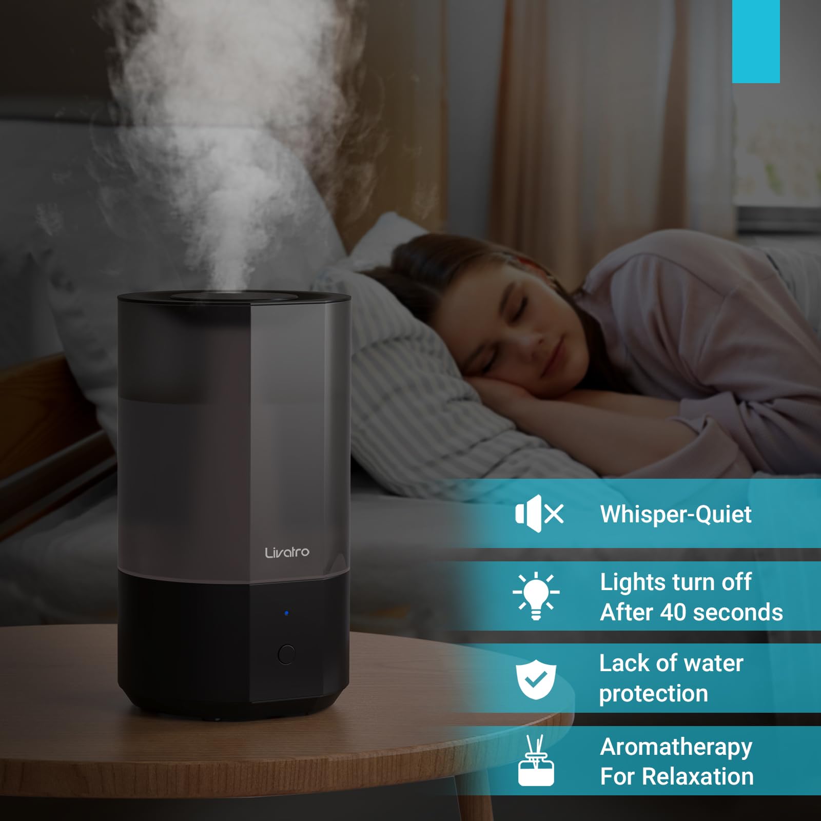 Livatro 4L Top Fill Humidifiers for Bedroom Large Room Nursery, Cool Mist Humidifier With Ultrasonic Quiet, Auto Shut-off and Easy to Clean, Last up to 40 Hours, Black