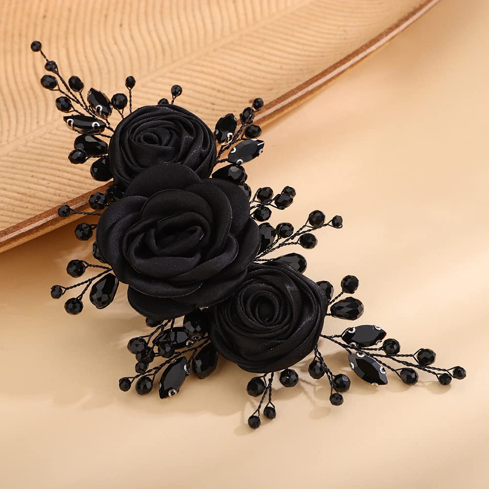 Teyglen Bridal Wedding Headband Black Flower Headband Floral Crystal Hair Pieces Handmade Black Rhinestone Headpiece Hair Accessories for Women Bride Girls