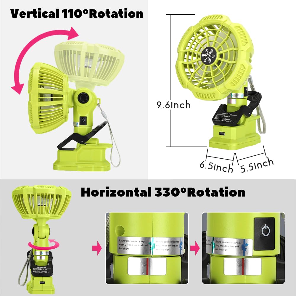 WaxPar For Ryobi 18-Volt Personal Battery Powered Clip Fan, Cordless Clamp Fan with USB Port Compatible with Ryobi 18V one+ Li-Ion Battery, 3 Speed Settings, Clamping Capacity, Adjustable Head