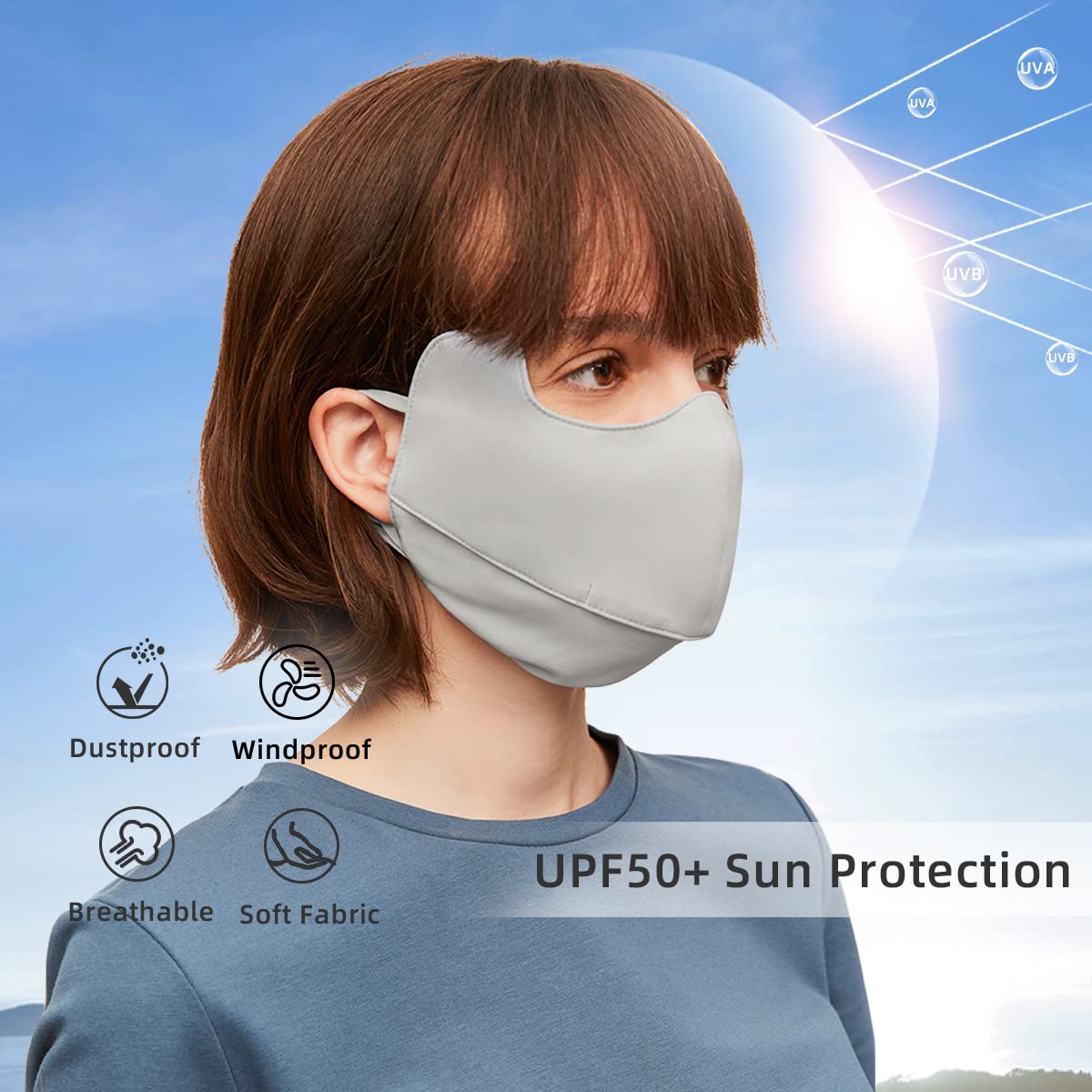 OHGOLF Sun Protection Face Cover UPF 50+ Anti-UV Women Mask Protection Breathable Face Covering SLN3M308D Light Grey