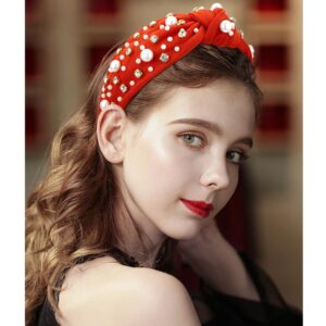 Atoden Red Wide Top Knot Headband with Pearl Rhinestone for Women's Hair Embellished Headbands Non Slip Sparkly Hair Bands Fashion Hair Accessories