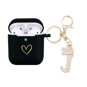 AIIEKZ Compatible with AirPods Case Cover, Soft Silicone Case with Gold Heart Pattern for AirPods 2&1 Generation Case with Rhinestone Studded Letter A-Z Keychain (J Black)