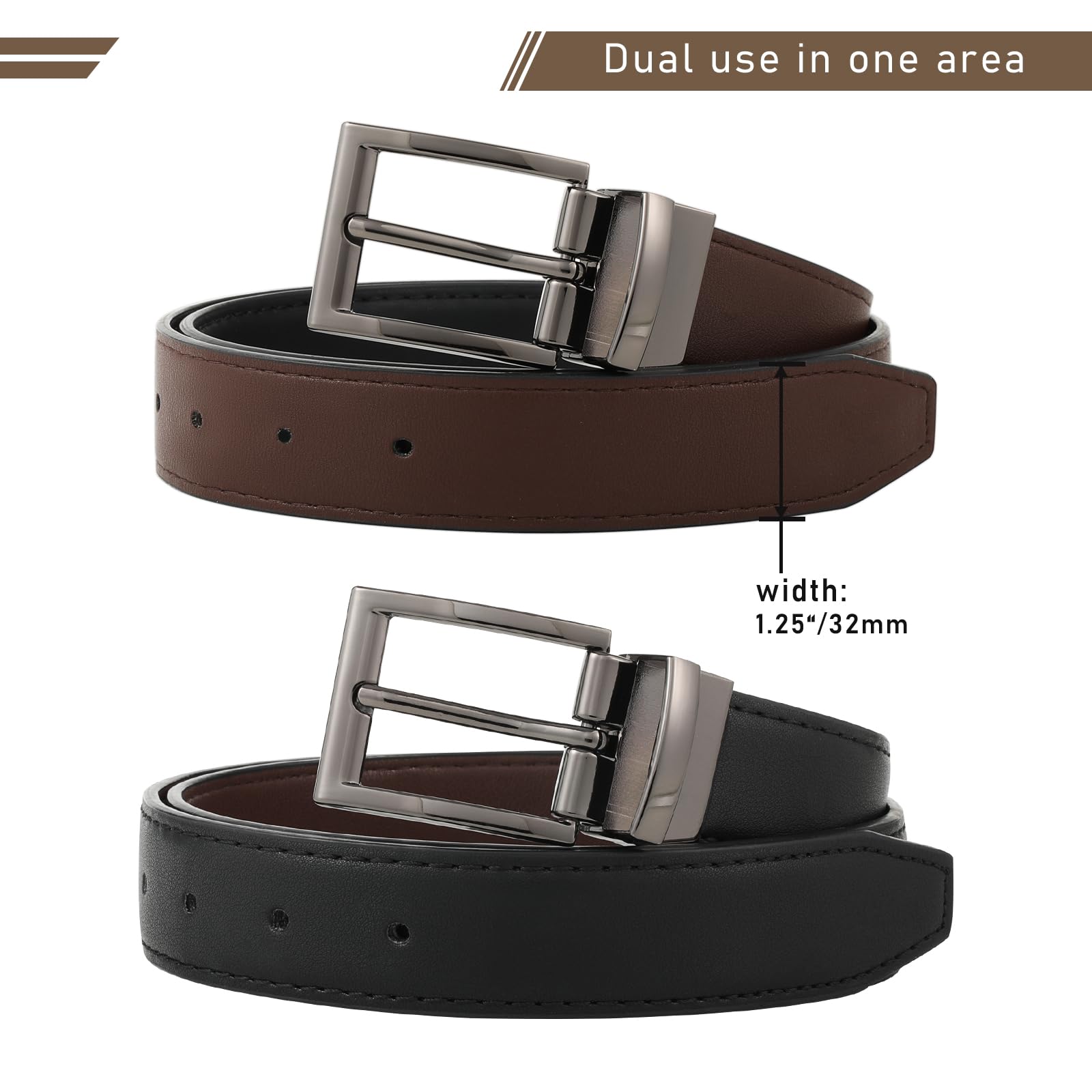 AWAYTR Reversible Leather Belt for Women - Two Color-in-One Belt for Jeans Dress Women Men Belt with Rotated Buckle(Coffee/Black with Gun Color Buckle 45in(115cm))