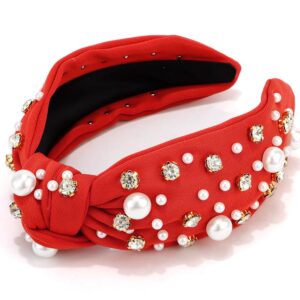 Atoden Red Wide Top Knot Headband with Pearl Rhinestone for Women's Hair Embellished Headbands Non Slip Sparkly Hair Bands Fashion Hair Accessories