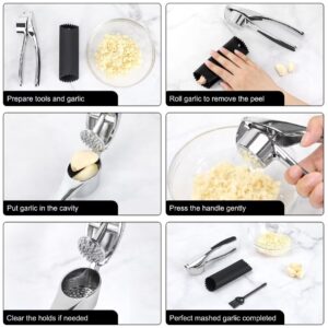 CUNSENR Garlic Press with Silicone Peeler & Brush - Garlic Mincer Tool - Easy to Use & Clean - Garlic Crusher - Rustproof Garlic Smasher - Dishwasher Safe - Press Garlic with Ease (Bright,Silver)