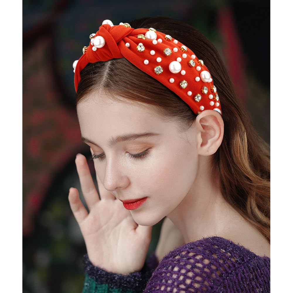 Atoden Red Wide Top Knot Headband with Pearl Rhinestone for Women's Hair Embellished Headbands Non Slip Sparkly Hair Bands Fashion Hair Accessories